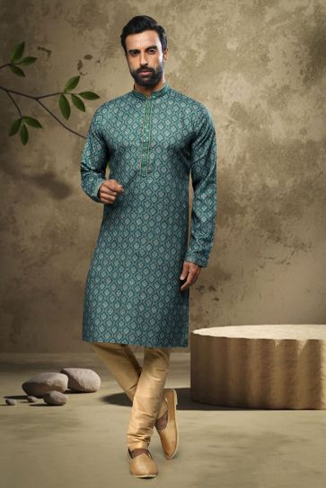 Cotton Fabric Printed Teal Color Festive Wear Readymade Men Stylish Kurta Pyjama