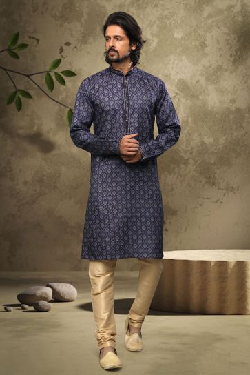 Navy Blue Cotton Fabric Printed Sangeet Wear Trendy Readymade Kurta Pyjama For Men