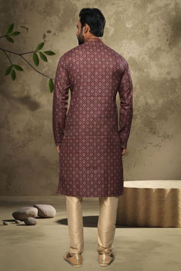Cotton Fabric Brown Color Wedding Wear Printed Readymade Designer Men Kurta Pyjama