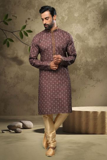 Cotton Fabric Brown Color Wedding Wear Printed Readymade Designer Men Kurta Pyjama