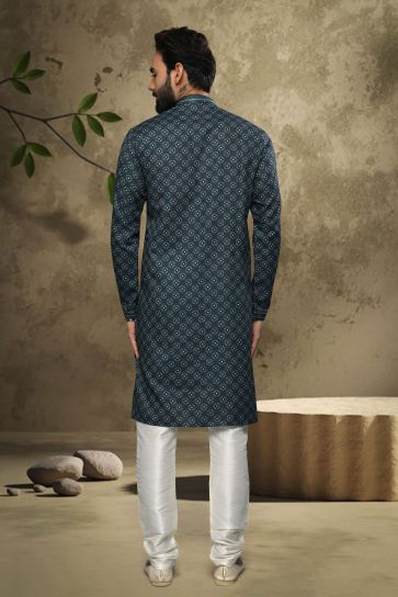 Cotton Fabric Stunning Printed Green Color Function Wear Readymade Men Kurta Pyjama