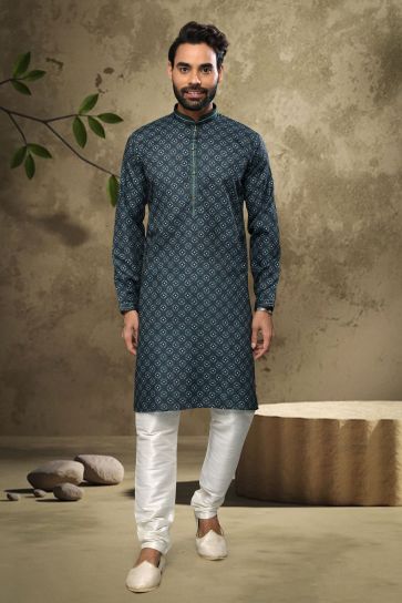 Cotton Fabric Stunning Printed Green Color Function Wear Readymade Men Kurta Pyjama
