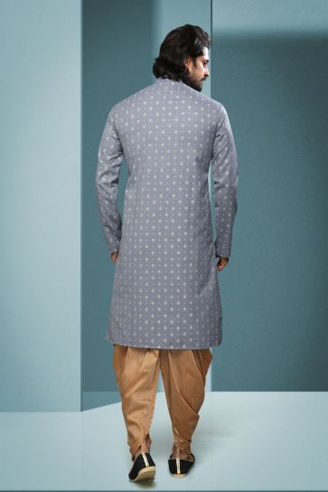 Grey Color Cotton Fabric Printed Festive Wear Captivating Readymade Kurta Pyjama For Men