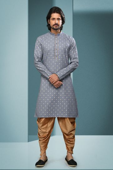 Grey Color Cotton Fabric Printed Festive Wear Captivating Readymade Kurta Pyjama For Men