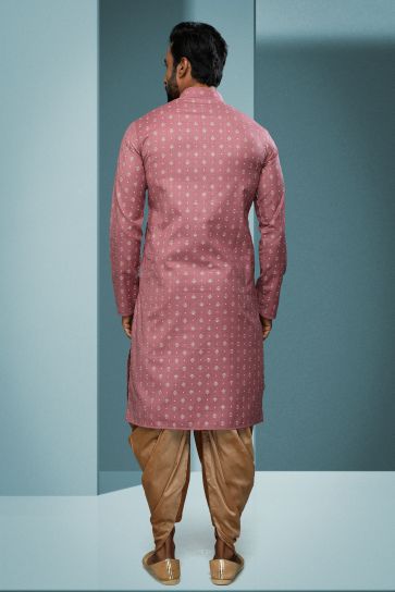 Pink Cotton Fabric Sangeet Wear Printed Readymade Fashionable Kurta Pyjama For Men