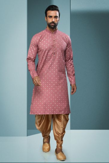 Pink Cotton Fabric Sangeet Wear Printed Readymade Fashionable Kurta Pyjama For Men