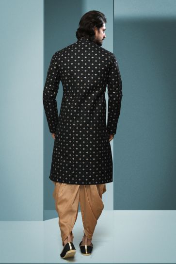 Black Color Printed Cotton Fabric Reception Wear Striking Readymade Kurta Pyjama For Men