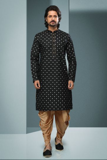 Black Color Printed Cotton Fabric Reception Wear Striking Readymade Kurta Pyjama For Men