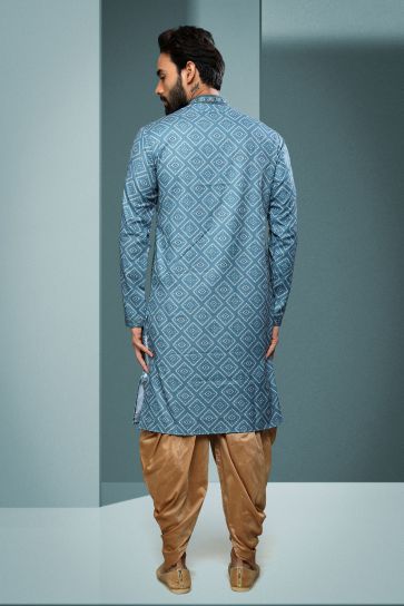 Cyan Color Printed Stunning Cotton Fabric Function Wear Readymade Kurta Pyjama For Men