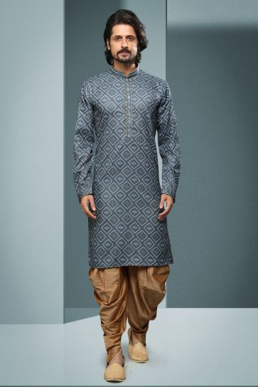 Cotton Fabric Lovely Grey Color Festive Wear Printed Readymade Kurta Pyjama For Men