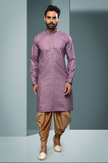 Printed Pink Color Sangeet Wear Pretty Readymade Kurta Pyjama For Men In Cotton Fabric