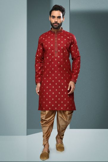 Reception Wear Attractive Printed Readymade Kurta Pyjama For Men In Maroon Color Cotton Fabric