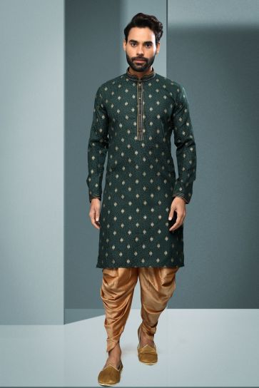 Printed Dark Green Color Cotton Fabric Function Wear Readymade Kurta Pyjama For Men
