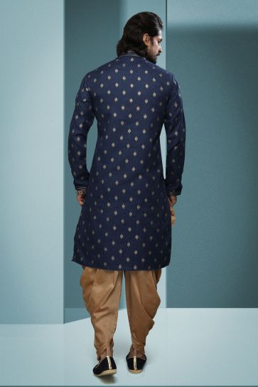 Cotton Fabric Attractive Printed Navy Blue Color Festive Wear Readymade Men Kurta Pyjama