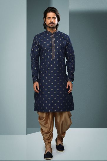 Cotton Fabric Attractive Printed Navy Blue Color Festive Wear Readymade Men Kurta Pyjama