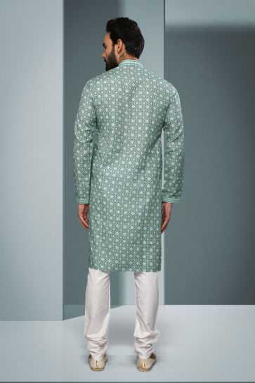 Cotton Fabric Sea Green Color Wedding Wear Printed Readymade Designer Men Kurta Pyjama