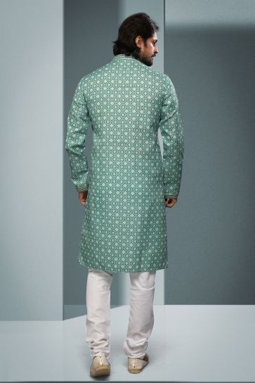 Green Color Printed Gorgeous Cotton Fabric Reception Wear Readymade Kurta Pyjama For Men