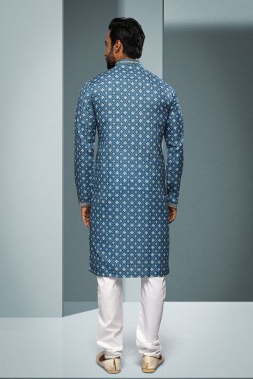 Cotton Fabric Stunning Printed Blue Color Function Wear Readymade Men Kurta Pyjama