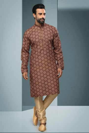 Printed Pretty Cotton Fabric Sangeet Wear Readymade Men Kurta Pyjama In Brown Color