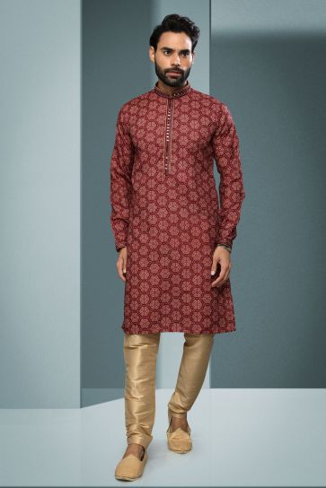 Beautiful Printed Maroon Color Wedding Wear Readymade Kurta Pyjama For Men In Cotton Fabric