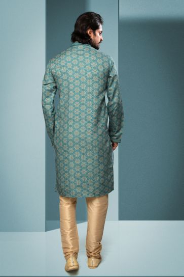 Cotton Fabric Reception Wear Printed Attractive Readymade Men Kurta Pyjama In Green Color