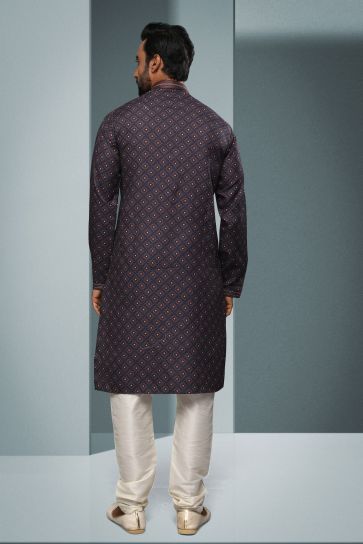Navy Blue Color Function Wear Readymade Glamorous Printed Kurta Pyjama For Men In Cotton Fabric