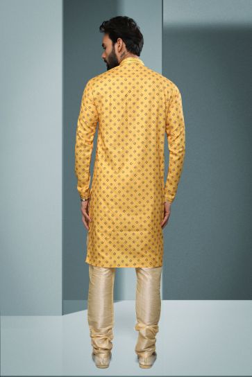 Cotton Fabric Printed Yellow Magnificent Readymade Men Kurta Pyjama For Sangeet Wear
