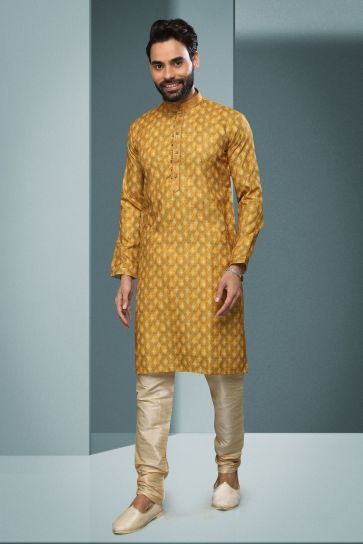 Cotton Fabric Artistic Printed Yellow Color Readymade Men Kurta Pyjama For Wedding Wear