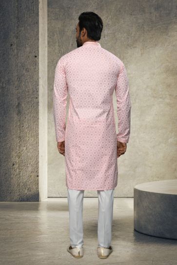 Pink Printed Cotton Reception Wear Striking Readymade Kurta Pyjama For Men