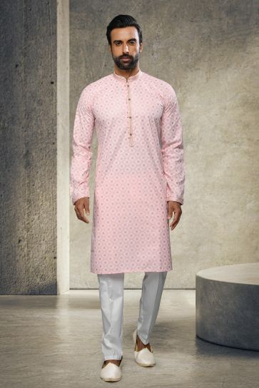 Pink Printed Cotton Reception Wear Striking Readymade Kurta Pyjama For Men