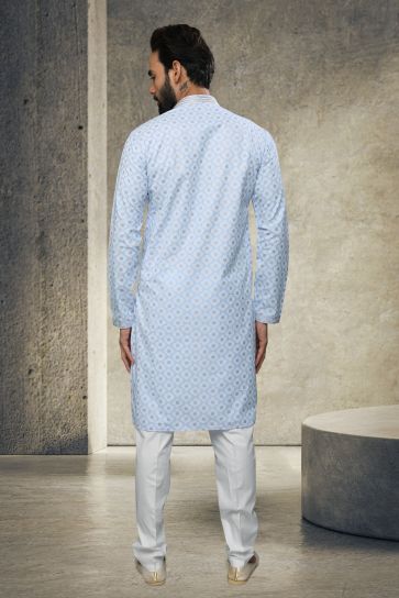 Blue Printed Stunning Cotton Function Wear Readymade Kurta Pyjama For Men