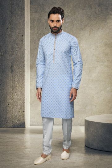 Blue Printed Stunning Cotton Function Wear Readymade Kurta Pyjama For Men