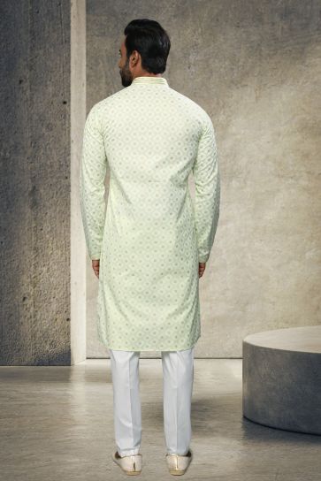 Cotton Lovely Sea Green Festive Wear Printed Readymade Kurta Pyjama For Men