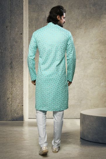Printed Cyan Sangeet Wear Pretty Readymade Kurta Pyjama For Men In Cotton 