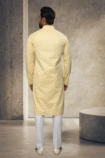 Beautiful Printed Cotton Wedding Wear Readymade Kurta Pyjama For Men In Yellow 