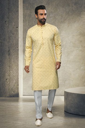 Beautiful Printed Cotton Wedding Wear Readymade Kurta Pyjama For Men In Yellow 
