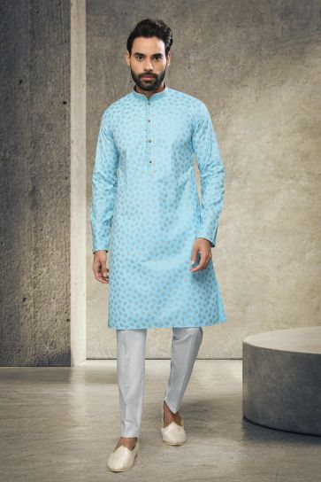 Reception Wear Attractive Printed Readymade Kurta Pyjama For Men In Cyan Cotton 