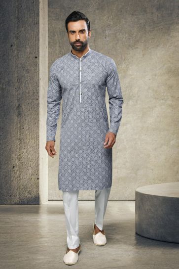 Printed Grey Cotton Function Wear Readymade Kurta Pyjama For Men