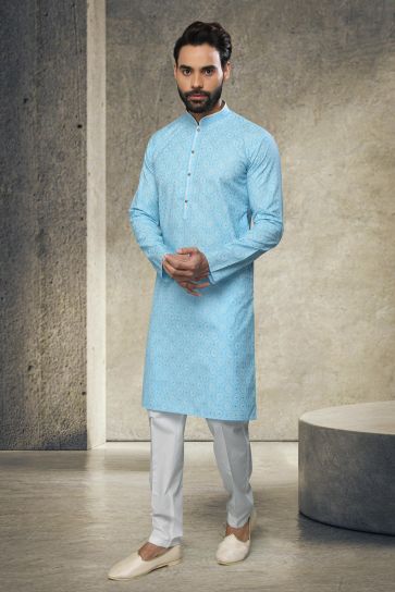 Cotton Printed Cyan Festive Wear Readymade Men Stylish Kurta Pyjama