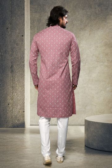 Pink Cotton Printed Sangeet Wear Trendy Readymade Kurta Pyjama For Men