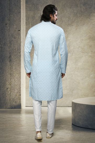 Cotton Light Cyan Wedding Wear Printed Readymade Designer Men Kurta Pyjama