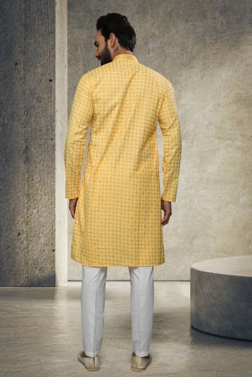 Yellow Printed Gorgeous Cotton Reception Wear Readymade Kurta Pyjama For Men