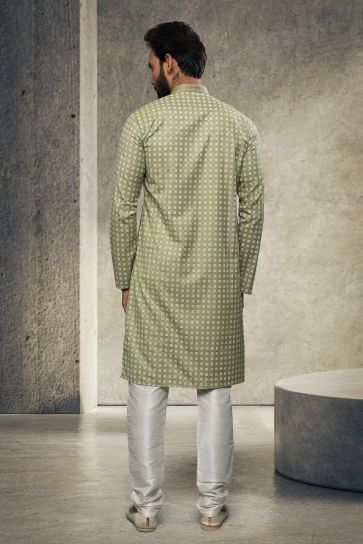 Cotton Printed Green Function Wear Fashionable Readymade Men Kurta Pyjama