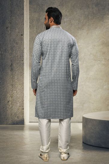 Cotton Grey Festive Wear Readymade Lovely Printed Kurta Pyjama For Men