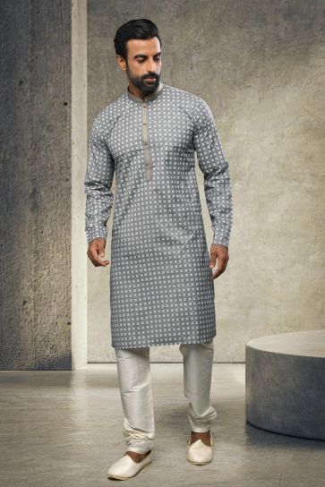Cotton Grey Festive Wear Readymade Lovely Printed Kurta Pyjama For Men