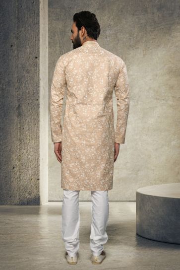 Brown Excellent Printed Cotton Sangeet Wear Readymade Men Kurta Pyjama
