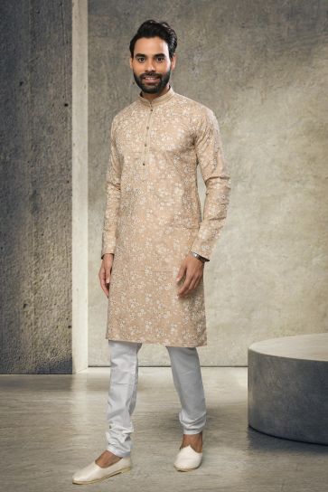Brown Excellent Printed Cotton Sangeet Wear Readymade Men Kurta Pyjama