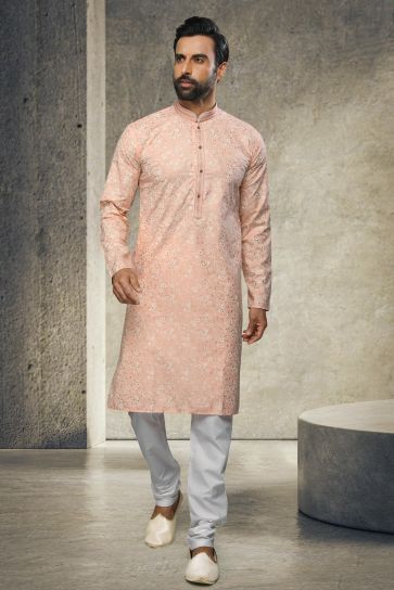 Cotton Pretty Printed Peach Wedding Wear Readymade Kurta Pyjama For Men