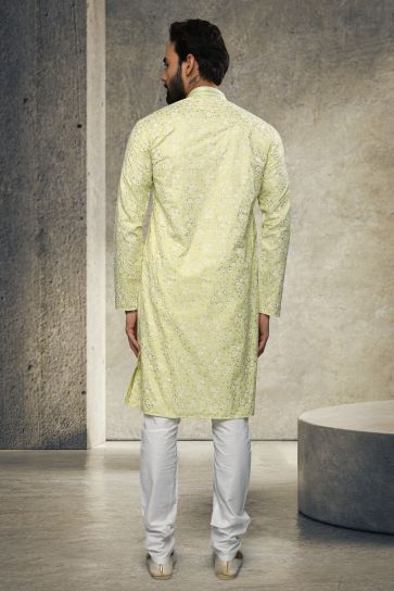 Cotton Reception Wear Printed Attractive Readymade Men Kurta Pyjama In Sea Green 