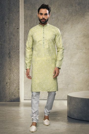 Cotton Reception Wear Printed Attractive Readymade Men Kurta Pyjama In Sea Green 